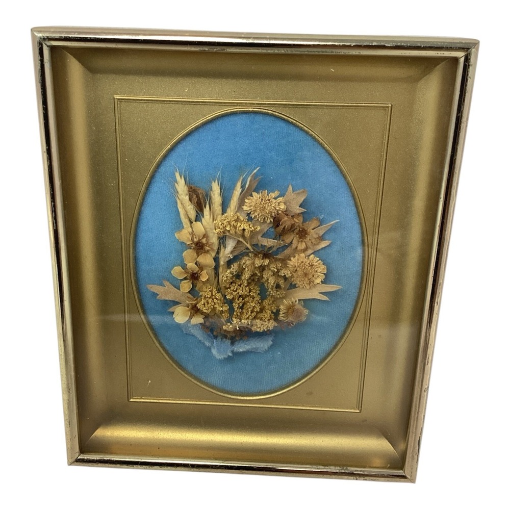 Vintage Small Dried Flower On Blue Velvet Gold Metal Framed Wall Hanging 6"x5"